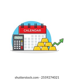 Calendar with Calculator and Gold Bar Vector Illustration. Business Monthly Report Concept Design