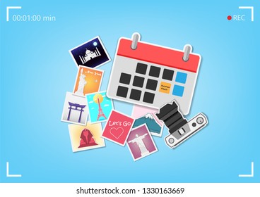 Calendar and Camera photography Plane travel around the world concept Invitation Template map bokeh on Background Design, Top world famous landmark with Scrapbooking album. paper art, vector, banner, 