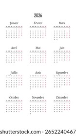 Calendar of Canada 2026 in french language with holidays of Canada. Vector illustration. Week start on monday