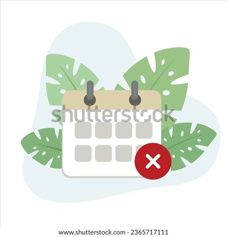 Calendar Cancel flat design vector Illustration Icon decorated with leaves for web use for schedule, cancel, decline, event, appointment, remove.