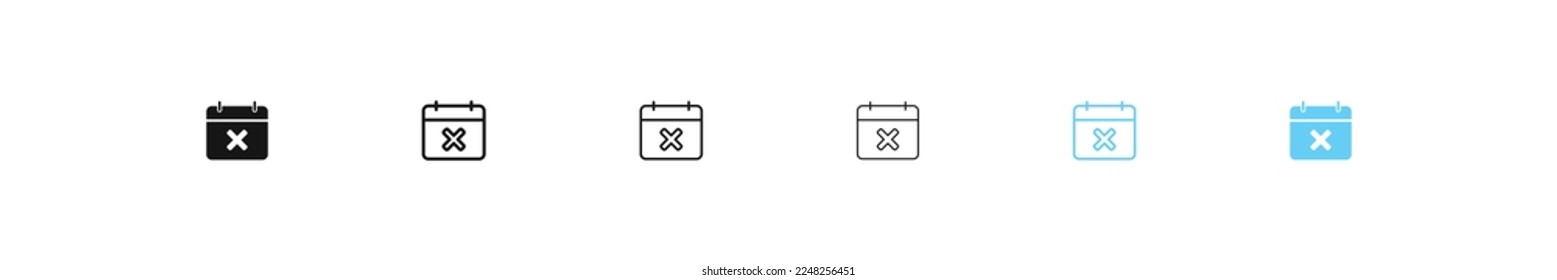 Icono de cancelación del calendario. Eliminar el símbolo de programación. Recordatorio borrar signos. Iconos del plan no realizados. Símbolos de evento. Color negro y azul. Signo aislado del vector.