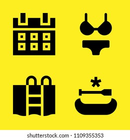 calendar, canoe, bikini and swimming pool vector icon set. Sample icons set for web and graphic design
