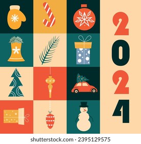 Calendar and cards dedicated to the New Year and Christmas. Vector stock illustration. Isolated. Hand drawn style. Christmas tree toys, gifts, New Year tree, decorations, candies, snowman. 25 december