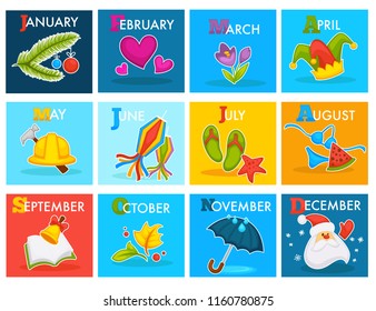 Calendar cartoon design with seasonal holidays symbols. Vector w