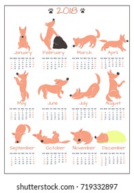 Calendar with cartoon dogs for 2018. Calender with cartoon pet in different poses.