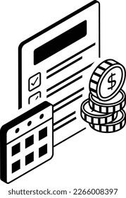 Calendar, Cash with Vendor List Vector isometric outline Icon Design , Business Finance Symbol, Treasury and Capital Budget Sign, Financial Planning, Analysis and Control, Payment Schedules  Concept