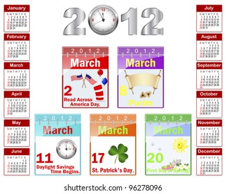 Calendar with celebratory symbols for March 2012. American style. 10EPS. Vector illustration.