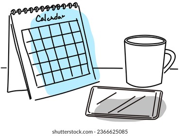 calendar, cellphone and cup drawing illustration, vector