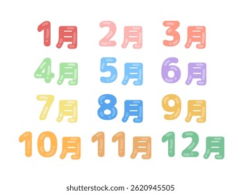 Calendar character illustration set translation: January, February, March, April, May, June, July, August, September, October, November, December
