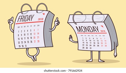 Calendar characters, Monday and Friday vector illustration. Weekend design concept