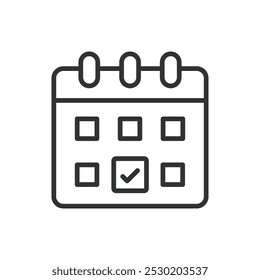 Calendar check day, in line design. Calendar check day, date reminder, schedule, appointment, daily planner, event reminder on white background vector. Calendar check day editable stroke icon