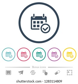 Calendar check flat color icons in round outlines. 6 bonus icons included.