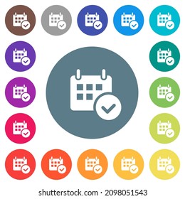 Calendar check flat white icons on round color backgrounds. 17 background color variations are included.