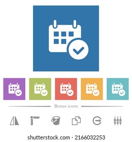 El calendario comprueba los iconos blancos planos en los fondos cuadrados. 6 iconos de bonificación incluidos.