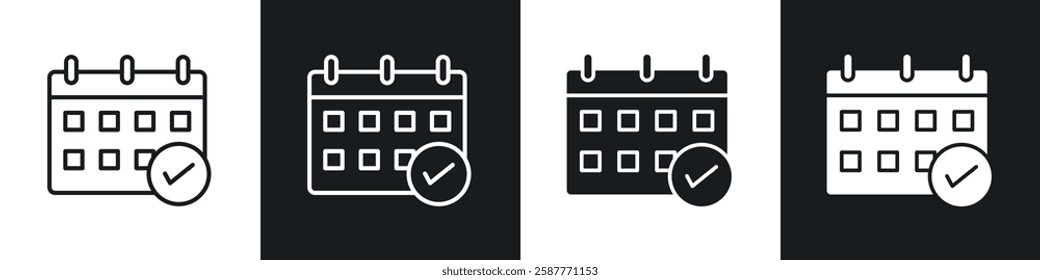 Calendar check icon set black and white colors. Graphic Vector icons pack