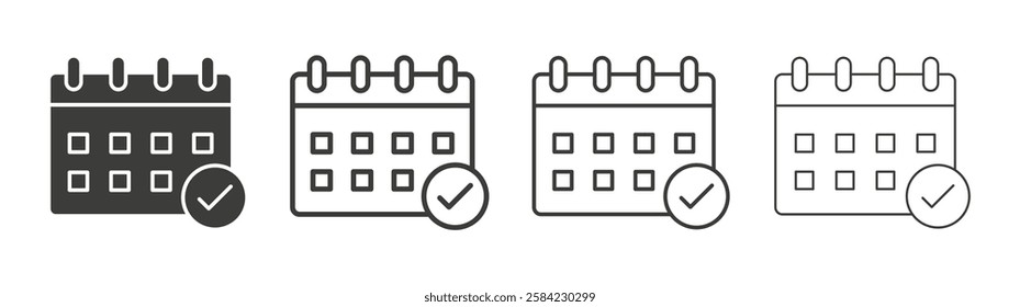 Calendar check icons set. Liner outlined and flat black color