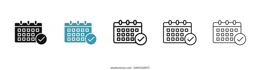 Calendar Check Line Icon Set for UI Designs. Date Available Vector Icon. Event Agenda Planner with Tick Sign for UI Designs. Schedule Appointment Vector Icon.