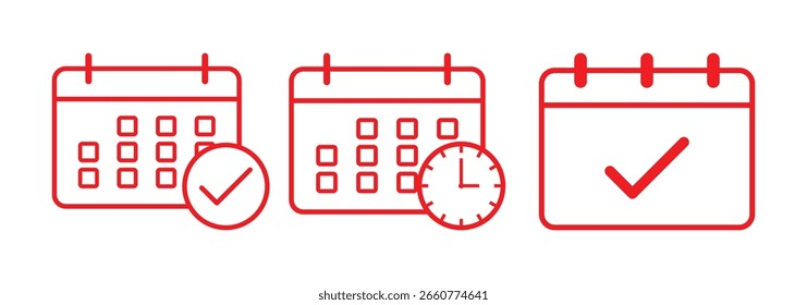 Kalenderprüfungszeilen-Symbolsatz für UI-Designs. Datum Verfügbar Vektorsymbol. Event Agenda Planner mit Tick Sign für UI Designs. Vektorsymbol "Termin planen". Satz von Kalendersymbolen im Linienstil. 