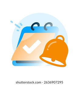 Calendar with check mark and bell icon illustration. Reminder and notification concept for completed tasks, schedule alerts, to do list, or upcoming events. Flat design for planning, time management