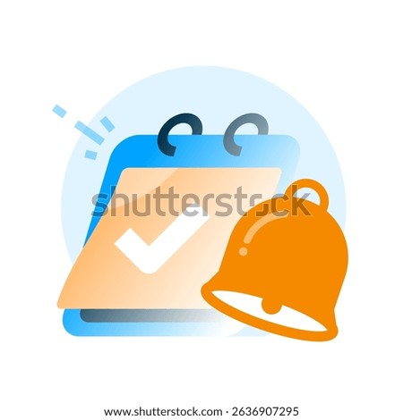 Calendar with check mark and bell icon illustration. Reminder and notification concept for completed tasks, schedule alerts, to do list, or upcoming events. Flat design for planning, time management