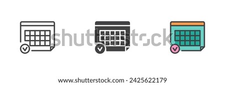 Calendar with check mark different style icon set. Line, glyph and filled outline colorful version, outline and filled vector sign. Event reminder symbol, logo illustration. Vector graphics