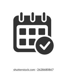 Kalender mit Häkchensymbol, einzelne, flache Vektorgrafik auf weißem Hintergrund.