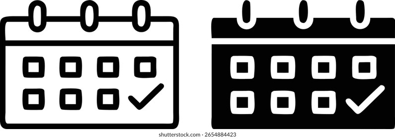 Calendario con el conjunto de iconos de marca de verificación: programa de Vector en blanco y negro y símbolo de evento