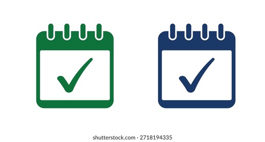 Calendario con el icono de marca de verificación establecido, Ilustración vectorial verde y azul del símbolo del planificador de programación para la fecha de la cita, la tarea completada, el recordatorio del evento y la gestión de la fecha límite aislados en el fondo blanco.