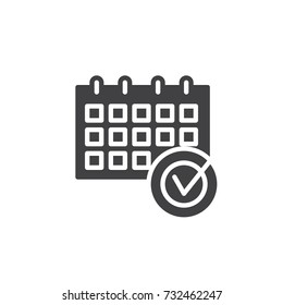 Calendar check mark icon vector, filled flat sign, solid pictogram isolated on white. Date, event symbol, logo illustration.
