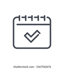 Calendar with check mark line icon. Data reminder with tick vector outline sign.