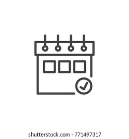 Calendar with check mark line icon, outline vector sign, linear style pictogram isolated on white. Schedule planning symbol, logo illustration. Editable stroke