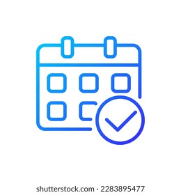 Kalender mit Markierungszeichen Pixel perfekte Farbverlauf-Linear-Vektorsymbol. Organisatorisches Management. Termin bestätigen. Dünnlinienfarbensymbol. Modernes Piktogramm. Vektor-einzelne Rahmenzeichnung