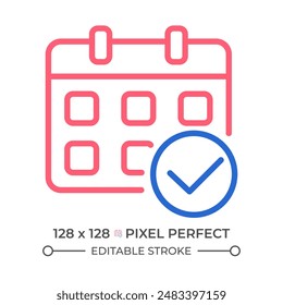 Calendario con marca de verificación de dos iconos de línea de color. Gestión del organizador. Confirmar fecha de cita símbolo de contorno bicolor. Pictograma lineal de duotono. Ilustración aislada Trazo editable