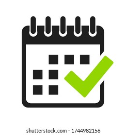 Calendar and check mark vector icon on white background