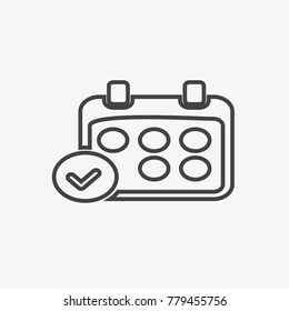 Calendar and check mark vector icon isolated on grey background