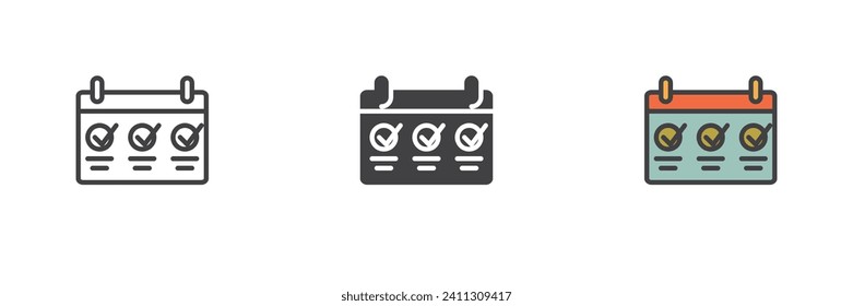 Calendario con marcas de verificación conjunto de iconos de estilos diferentes. Línea, glifo y contorno relleno versión colorida, contorno y signo vectorial relleno. Símbolo del planificador del calendario, ilustración del logotipo. Gráficos vectoriales