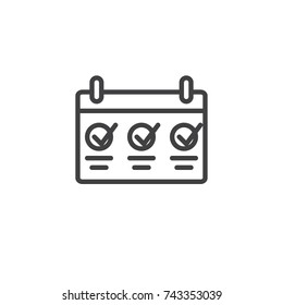Calendar with check marks line icon, outline vector sign, linear style pictogram isolated on white. Time management symbol, logo illustration. Editable stroke