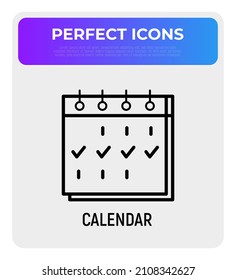 Calendario con marca de verificación icono de línea delgada. Planificación, citas. Ilustración vectorial moderna.