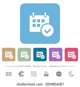 Calendar check white flat icons on color rounded square backgrounds. 6 bonus icons included