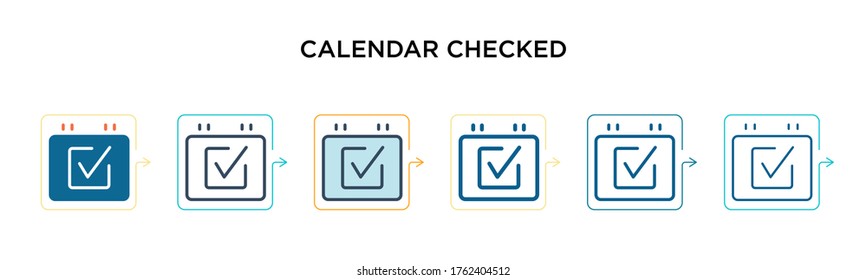 Calendar checked vector icon in 6 different modern styles. Black, two colored calendar checked icons designed in filled, outline, line and stroke style. Vector illustration can be used for web, 
