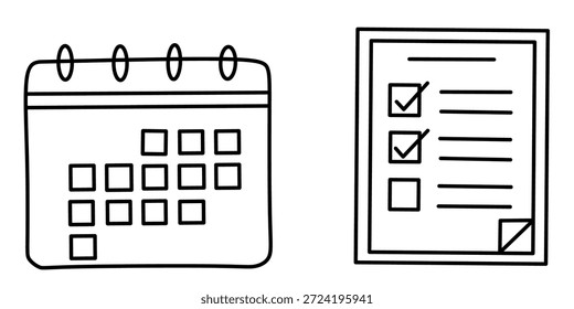Conjunto de ícones de linha de documento do calendário e da lista de verificação. Ilustração vetorial do planejador de agendamento e da lista de tarefas com marcas de verificação. Design conceitual de gerenciamento de tempo, planejamento de projeto e organização