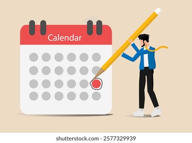 Calendar checklist for work completion, review plan, confident businessman standing with pencil after completing all tasks, business strategy or to-do list for responsibility and achievement concept.