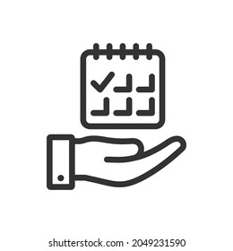 Kalender mit einem Häkchen auf der Hand. Planen Sie ein Symbol-Design einzeln auf weißem Hintergrund. Vektorgrafik