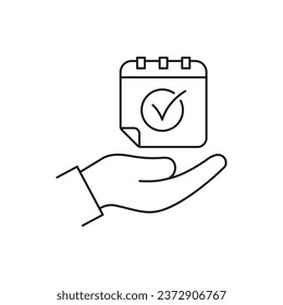 Calendar with a checkmark on hand. Schedule check icon line style isolated on white background. Vector illustration