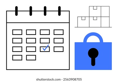 Calendar with a checkmark on a specific date, boxes or stacked items representing organization or storage, and a blue padlock symbolizing security. Ideal for scheduling, time management, planning