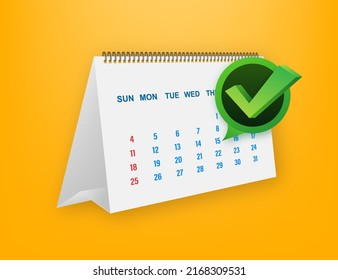 Kalender mit Häkchen oder Häkchen. Datum der Genehmigung bzw. des Termins. Vektorgrafik