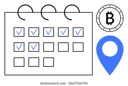 Calendar with checkmarks indicating completed tasks, Bitcoin symbol signifying cryptocurrency transaction, blue location marker for geotagging. Ideal for financial planning, cryptocurrency