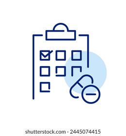 Calendar with checkmarks on clipboard. Structured treatment plans and medication schedule. Tablet and capsule. Icon