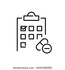 Calendar with checkmarks on clipboard. Structured treatment plans and medication schedule. Tablet and capsule. Vector