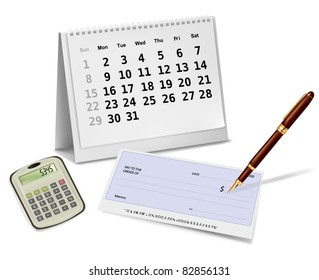 Calendar, cheque, pen and calendar. Vector.